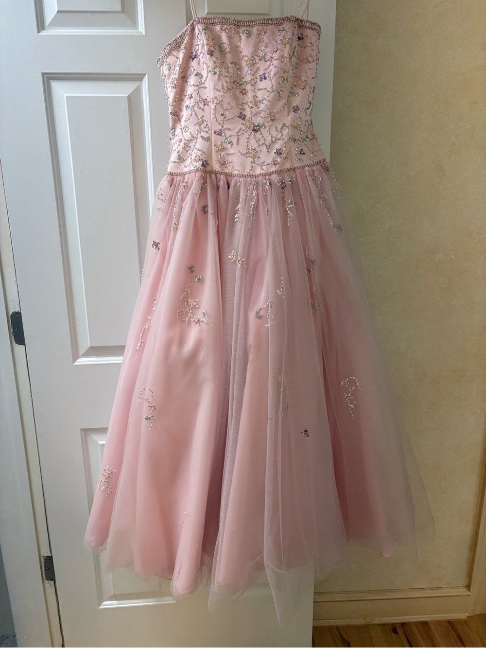 Girls' Pink Beaded Tulle Formal Dress